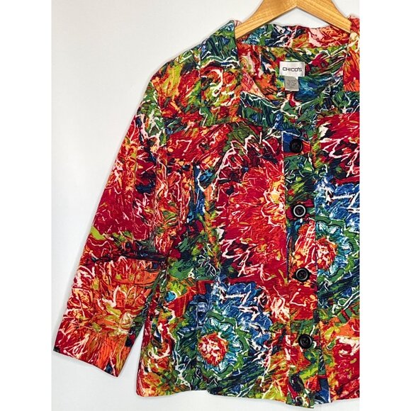 Chico's Cotton SIlk 3/4 Sleeve Crop Blazer Multi-Color Floral Abstract Size 1/ M - Picture 2 of 8